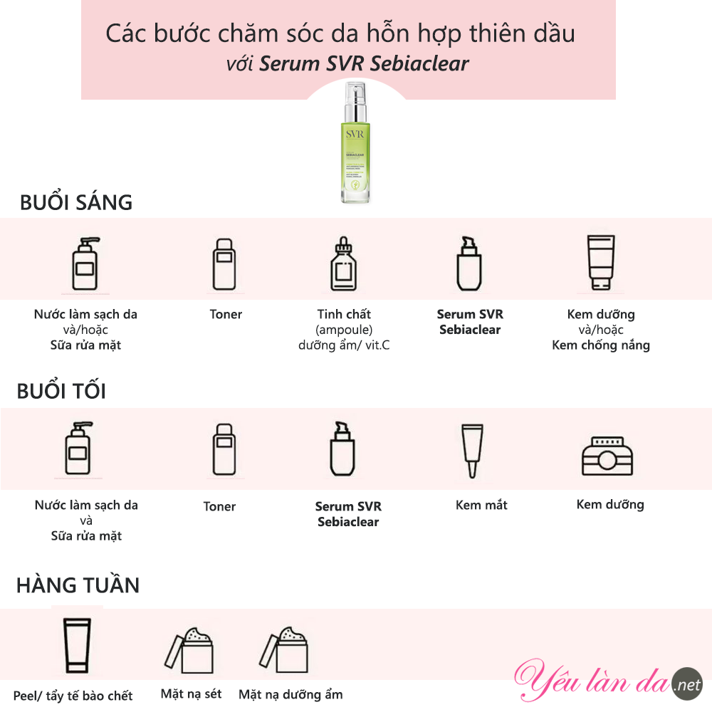 các bước chăm sóc da hỗn hợp với serum svr sebiaclear